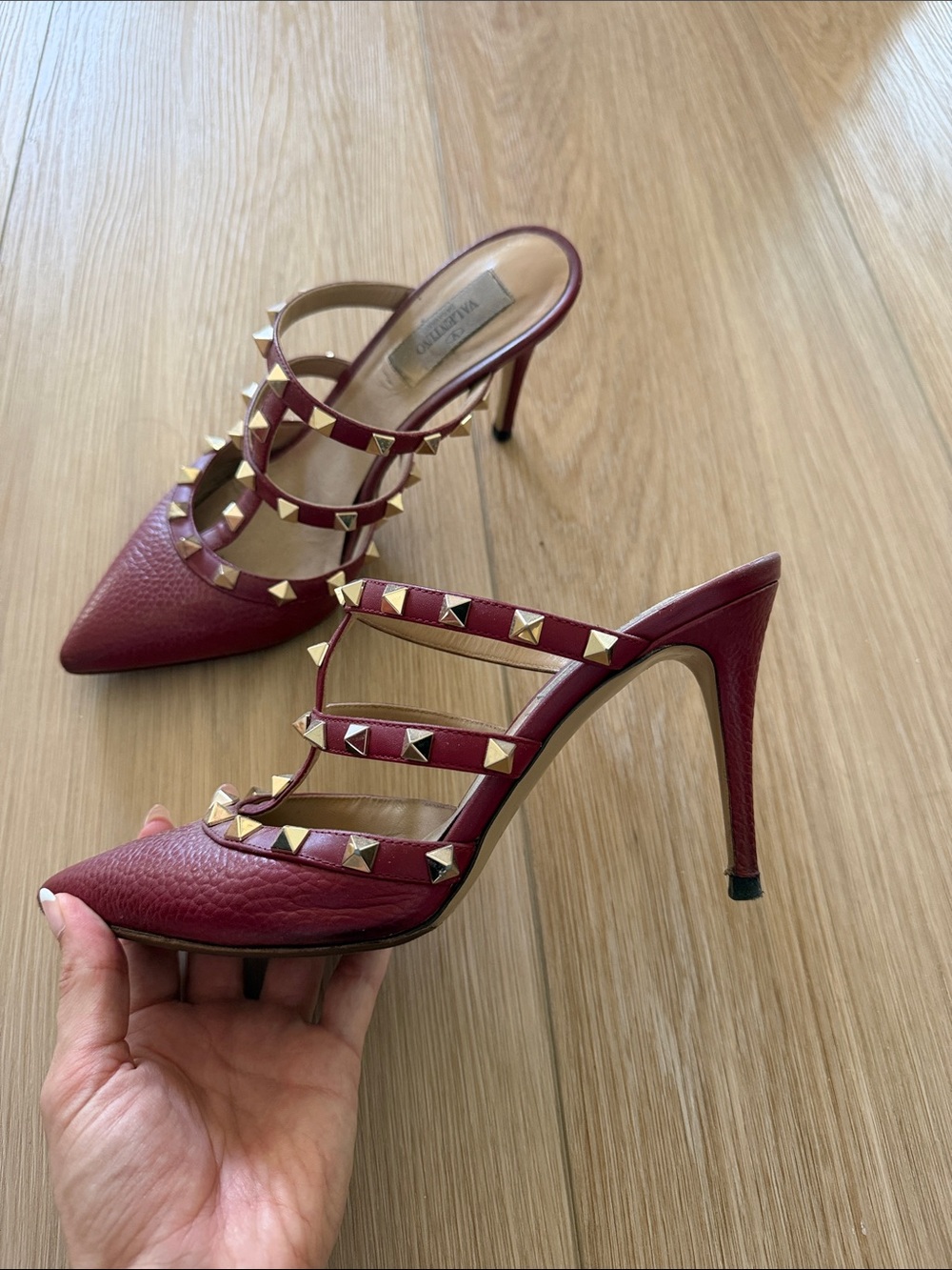 Valentino Berry Red Leather Pointed Rockstud Triple-Strap Mule Heels - Picture 7 of 8
